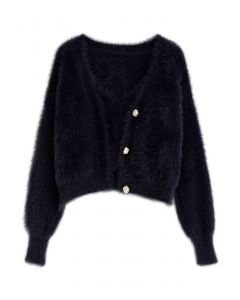 Fuzzy Cami Top and Pearly Buttoned Cardigan Set in Black
