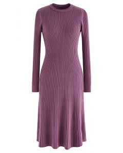 Ribbed Texture Frilling Midi Dress in Purple