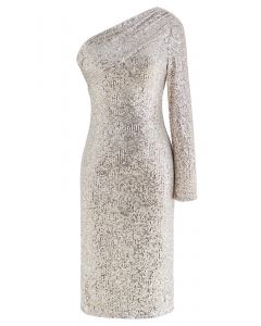 Slanted Shoulder Full Sequins Cocktail Dress in Silver