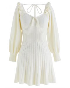 Tie-Bow Scoop Neck Knit Mini Dress in Cream