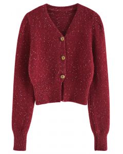 Golden Button Down Confetti Knit Cardigan in Red