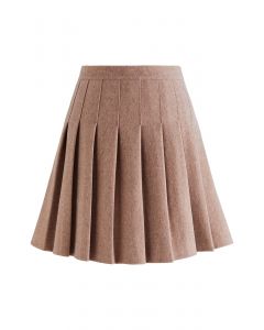 High Waist Wool-Blend Pleated Skater Skirt in Camel