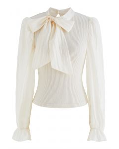 Detachable Bowknot Spliced Knit Top in Cream