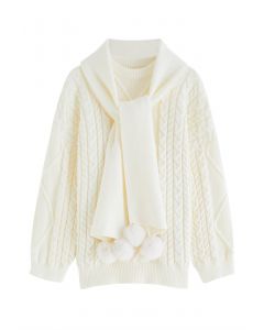 Cable Knit Sweater with Pom-Pom Scarf in Cream