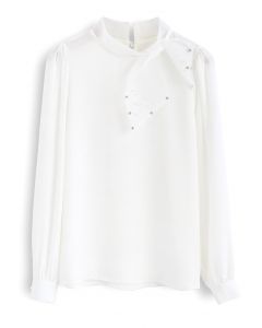 Pearly Mesh Bowknot Satin Shirt in White