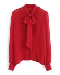 Self-Tie Bowknot Semi-Sheer Chiffon Shirt in Red