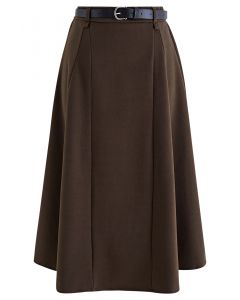 Solid Color Belted Flare Midi Skirt in Brown