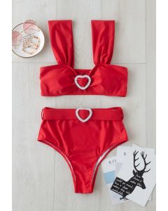 Crystal Heart Strappy Bikini Set in Red