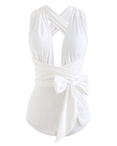Deep V-Neck Lace-Up One-Piece Swimsuit in White