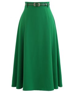 High Waist Belted Flare Midi Skirt in Green