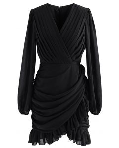V-Neck Ruffle Hem Chiffon Mini Dress in Black