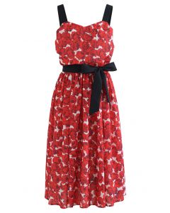 Enchanting Red Rose Bowknot Ruched Cami Dress