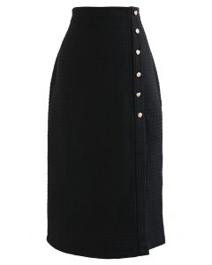 Distinctive Buttons Front Split Tweed Pencil Skirt