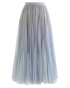 Color Block Panelled Mesh Frilling Maxi Skirt in Dusty Blue