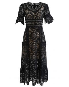 Floral Crochet Short-Sleeve Midi Dress in Black