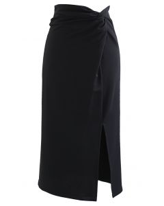 Twisted Waist Vent Hem Pencil Skirt in Black