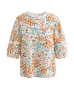 Ripple Embroidered Eyelet Floral Top in Orange