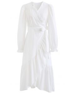 Ruffle Asymmetric Hem Wrapped Cotton Dress in White