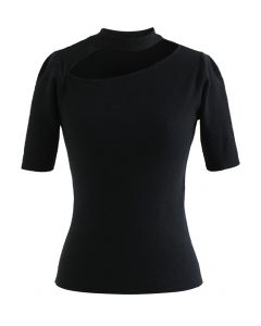 Cutout Halter Neck Short-Sleeve Knit Top in Black