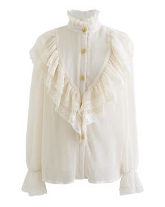 Noble Lace Ruffle Trim Textured Shirt in Cream