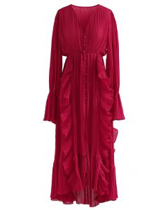 Breezy Ruffle Asymmetric Pleated Chiffon Maxi Dress in Red