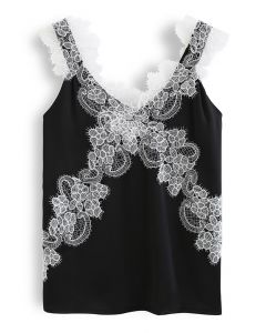 Floral Lace Satin Tank Top in Black