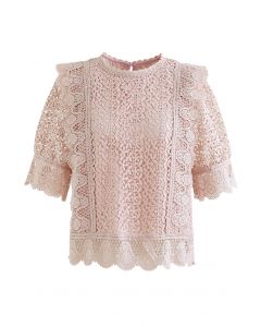 Floret Cutwork Scalloped Edge Crochet Top in Pink