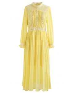Lace Trim Mock Neck Pleated Chiffon Dress in Yellow