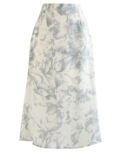 Inky Sketch Eagle Print Flare Midi Skirt in Light Yellow