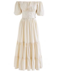 Off-Shoulder Bowknot Crop Top and Flare Skirt Set in Cream