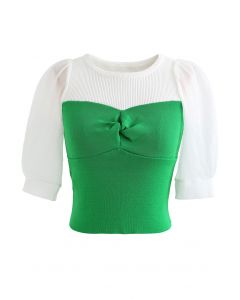 Twisted Front Spliced Fitted Knit Top in Green