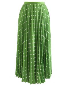 Dot Print Smooth Pleated Midi Skirt in Green