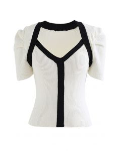 Contrast Line Short-Sleeve Knit Top in Ivory