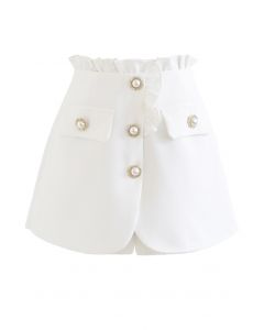 Ruffle Trim Pearl Button Flap Skorts in White
