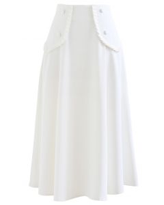 Pleated Fake Pocket Seamed Flare Skirt in White