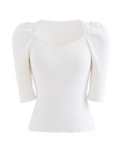 Pearly Neckline Elbow Sleeve Knit Top in White