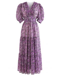Floret Print V-Neck Frilling Maxi Dress in Purple