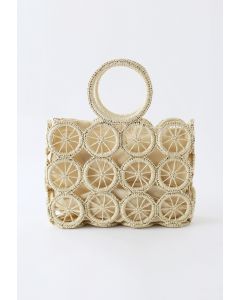 Wheel Shaped Woven Straw Handbag in Cream