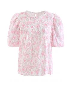 Flower Sketch Pearly Neck Mesh Top in Hot Pink