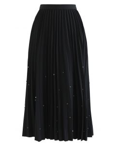 Scattered Gems Pleated Midi Skirt in Black