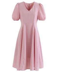V-Neck Short Sleeve Panelled Midi Dress in Pink