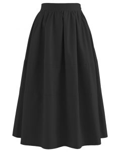 Seam Detailing Cotton Midi Skirt in Black