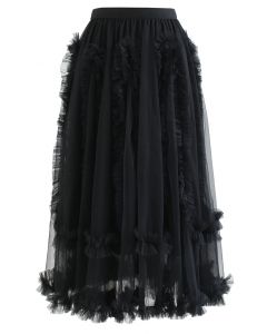 Sinuous Ruffle Double-Layered Mesh Tulle Skirt in Black