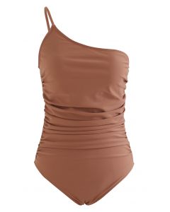 One-Shoulder Ruched Detail Swimsuit in Rust