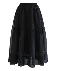 Side Pocket Semi-Sheer Frilling Skirt in Black