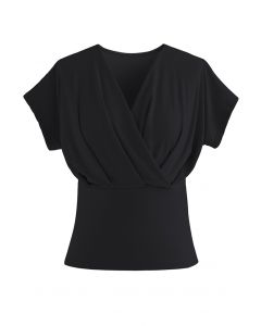 Ultra-Soft Short-Sleeve Cotton Wrap Top in Black