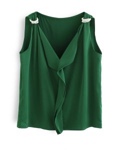 Pearl Decorated Ruffle Neck Sleeveless Top in Emerald