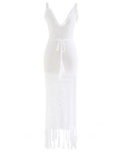 Hollow Out Tassel Split Knit Cover Up in White