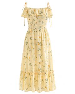 Lemon and Gingham Print Shirred Midi Dress
