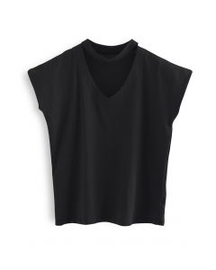 V-Neck Choker Sleeveless Cotton T-Shirt in Black